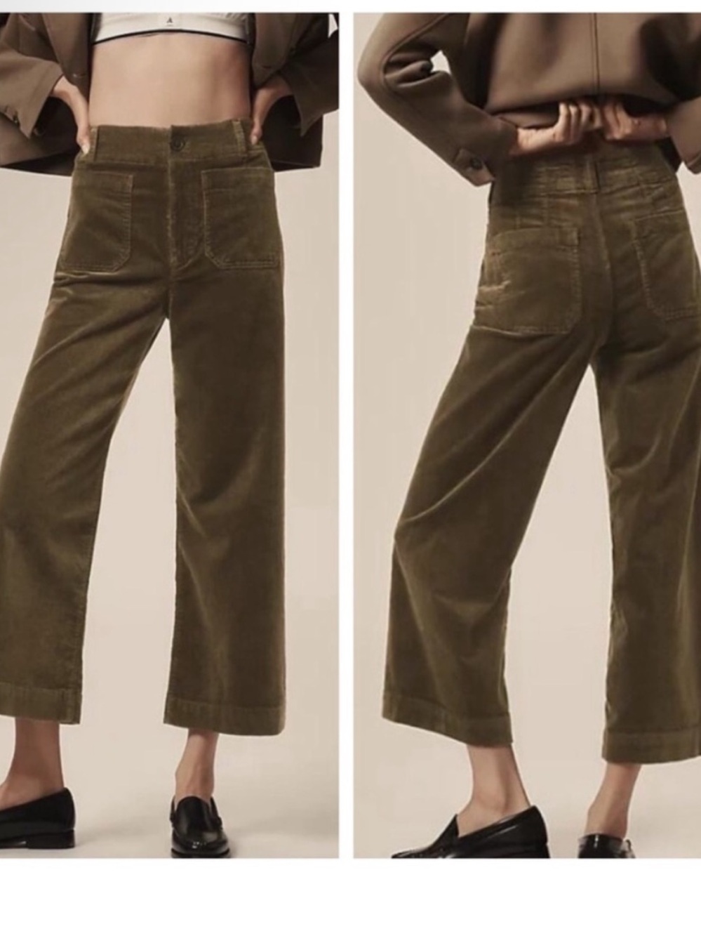 Maeve Colette Corduroy Cropped Wide-Leg High Rise Pants Dark Moss Green 33P